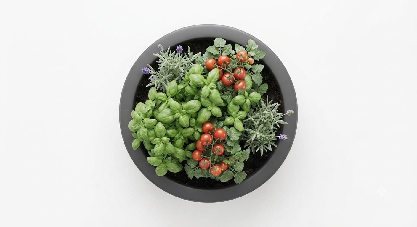 Huerto Pleno sol — Albahaca, tomates cherry y lavanda